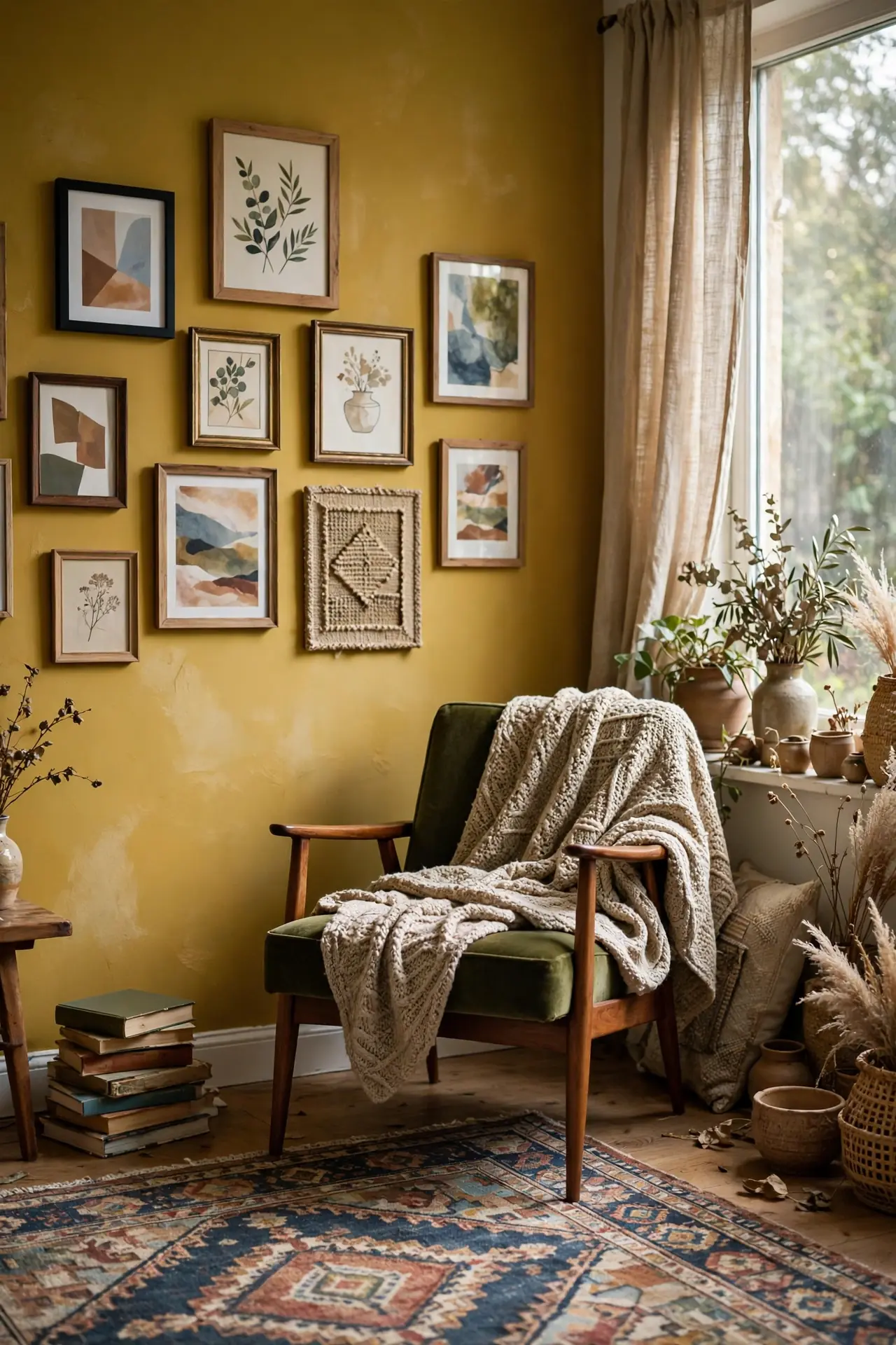 Artsy interior design living room with bold color and gallery wall