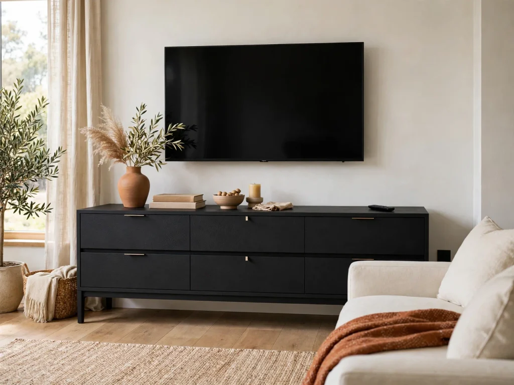 Low-profile wooden TV stand with open shelving in a warm modern living room.