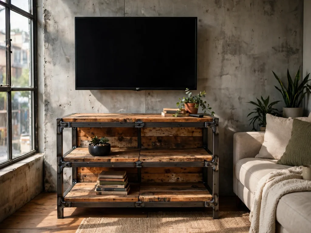 Mid-century modern walnut TV stand with tapered legs in a stylish living room.