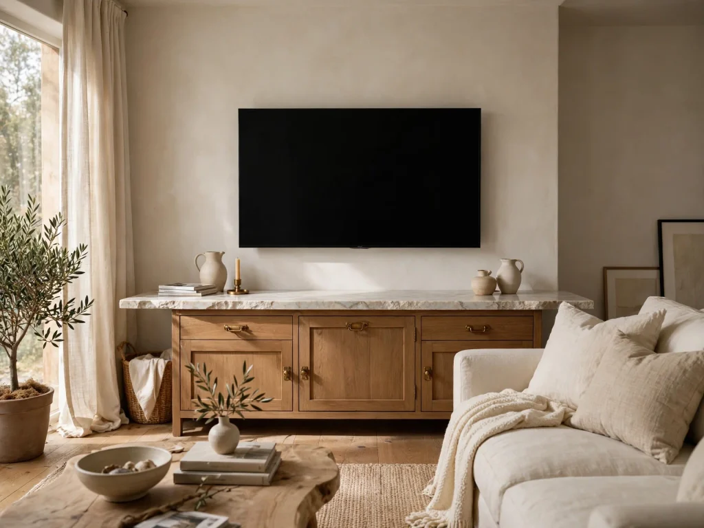 Rattan and wood TV stand with woven doors in a warm modern living room.