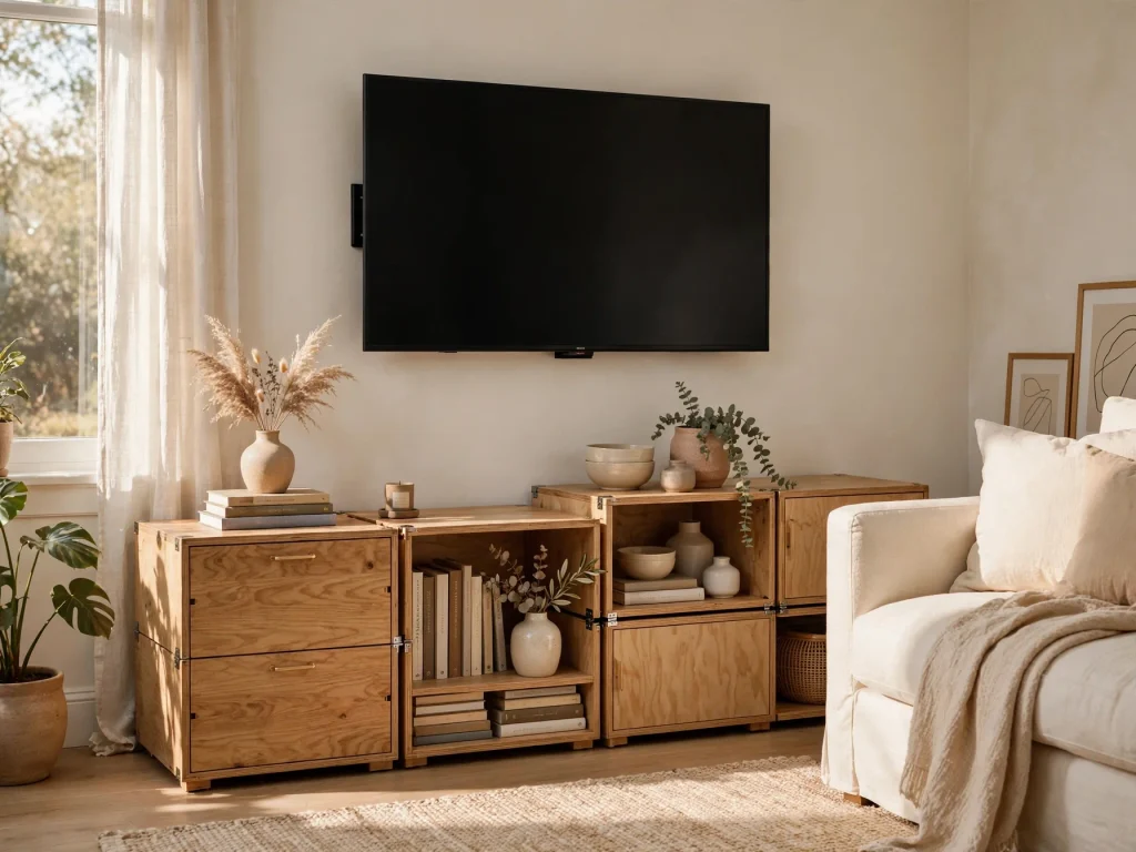 Two-tone wooden and colored TV stand beneath a wall-mounted television.
