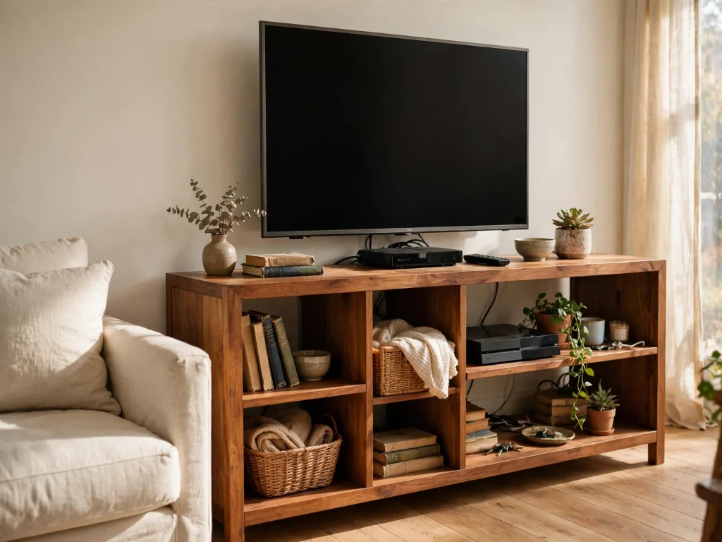 Matte black TV console beneath a wall-mounted television in a bright living room.